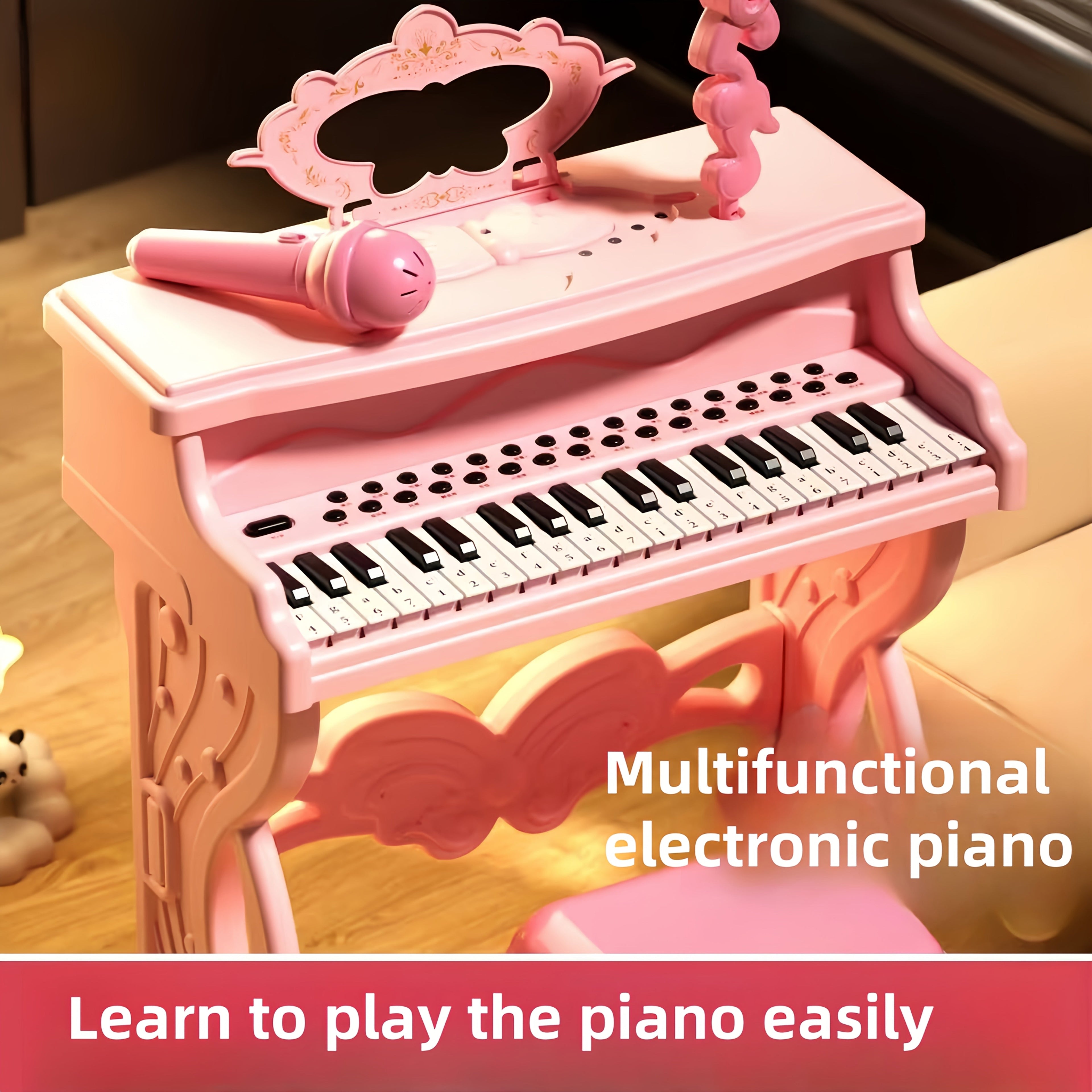 Pink Electronic Piano for Kids with Microphone