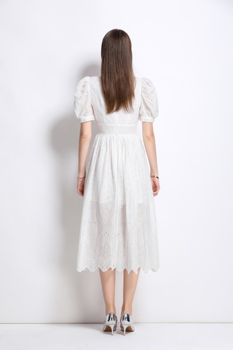 Plunging Neckline Lantern Sleeve Flowy White Maxi Dress